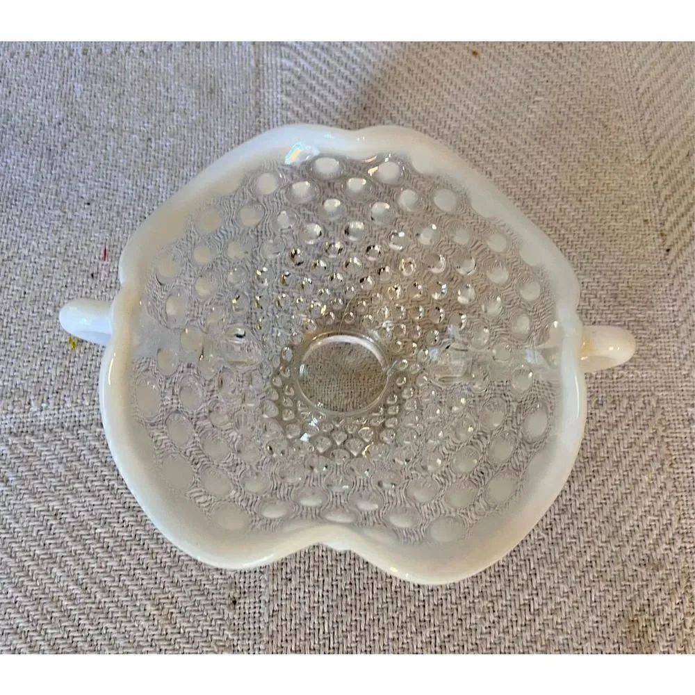 Vintage FENTON Art Glass Handles French Moonstone Opalescent Hobnail CANDY DISH
